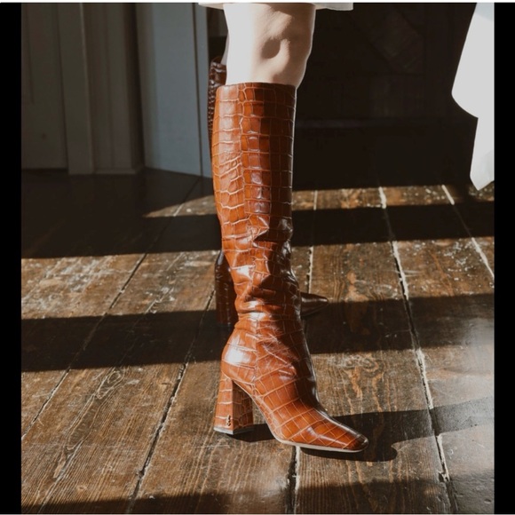 Sam Edelman Tan Croc-Embossed Heeled Boots - Picture 4 of 4